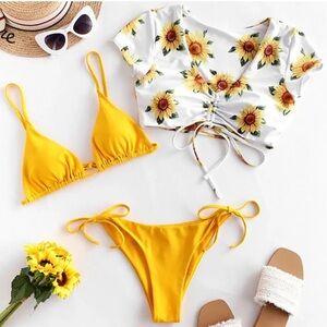 Women’s 3 Piece Yellow and White Bikini Swimsuit Set NWT Size M
